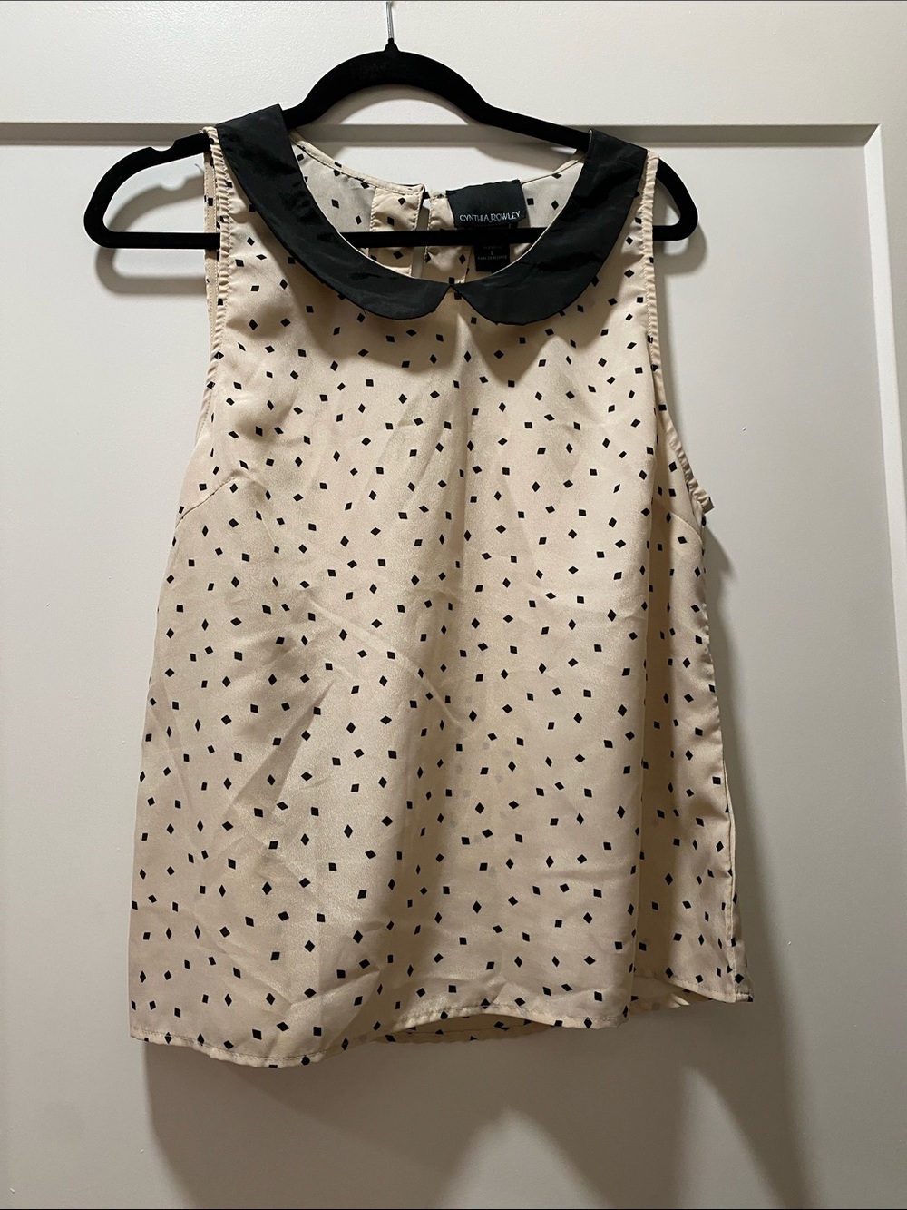 Cynthia Rowley Cream Polka Dot Sleeveless Top with Black Peter Pan Collar